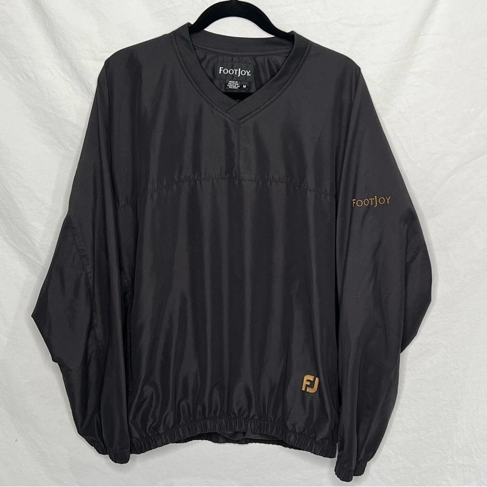 Footjoy Jacket Mens Medium Black Windbreaker V Neck‎ Pockets Long Sleeve Golf